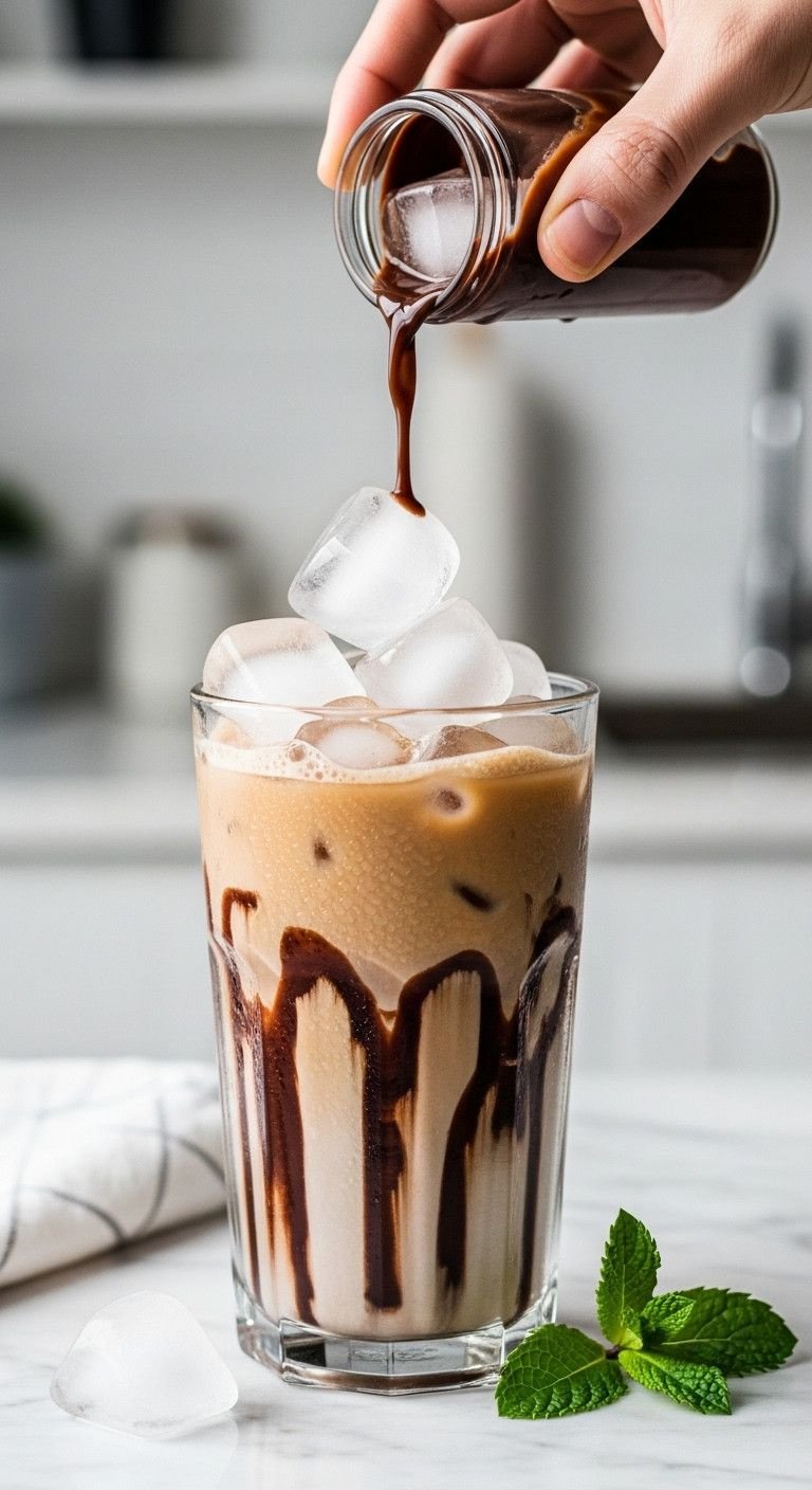 A Simple Method For The Perfect Iced Mocha Every Time 5 Tall glass with crystal clear ice cubes and chocolate drizzle inside, ready for iced coffee. Condensation forms, mint leaf nearby.