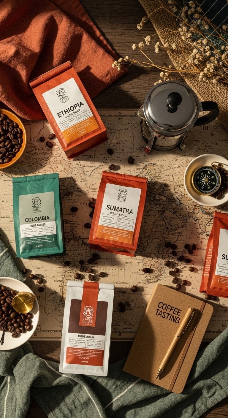 Taste of the World explorer coffee gift basket for men with various coffee beans French press and tasting journal on a world map