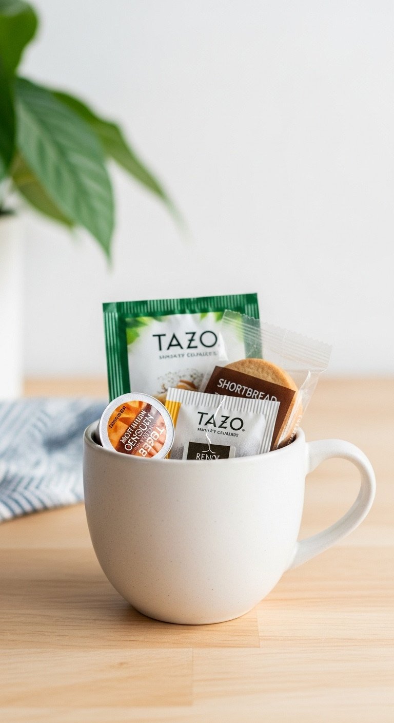 9 Creative Coffee Mug Gift Basket Ideas Anyone Can Make 15 Tea and coffee harmony duo gift mug with coffee pod tea bags and shortbread cookies on a light wood surface