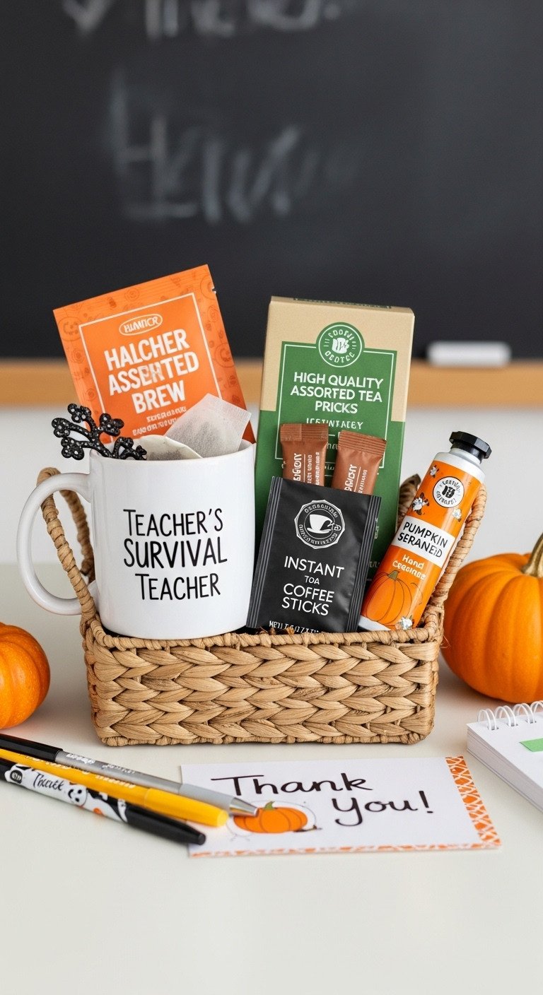 Teacher's Survival Brew Halloween coffee gift basket with personalized mug, tea bags, instant coffee, and hand cream
