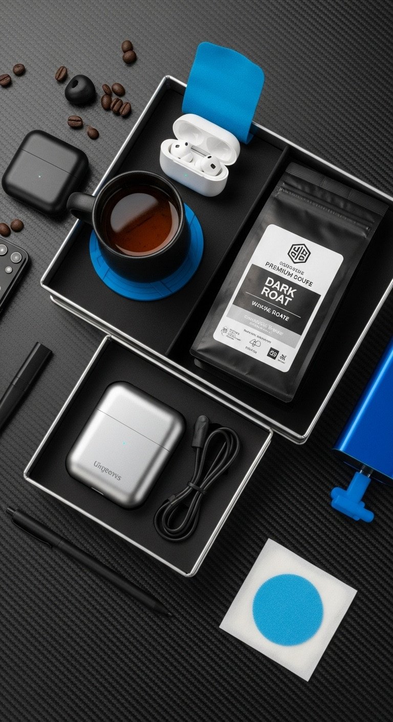 Tech-savvy coffee drinker Easter basket with smart mug wireless earbuds portable charger and dark roast coffee beans