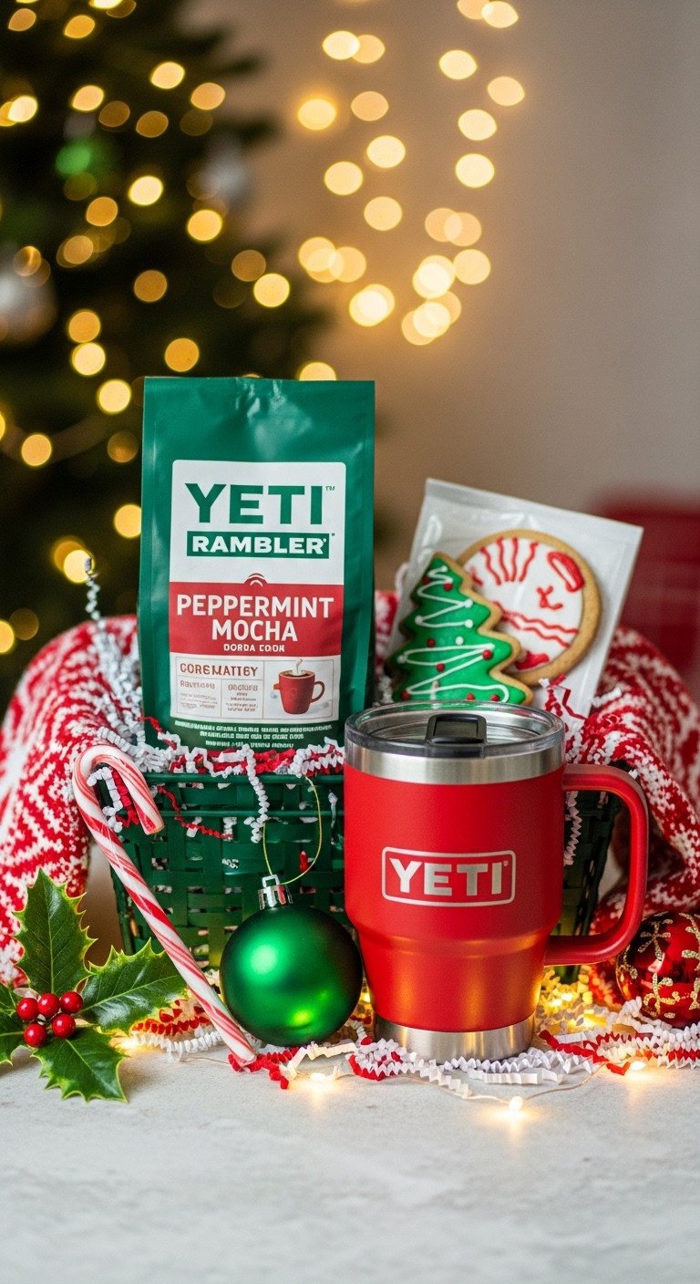 Themed holiday cheer Yeti gift basket with red Rambler mug peppermint mocha cookies and ornament