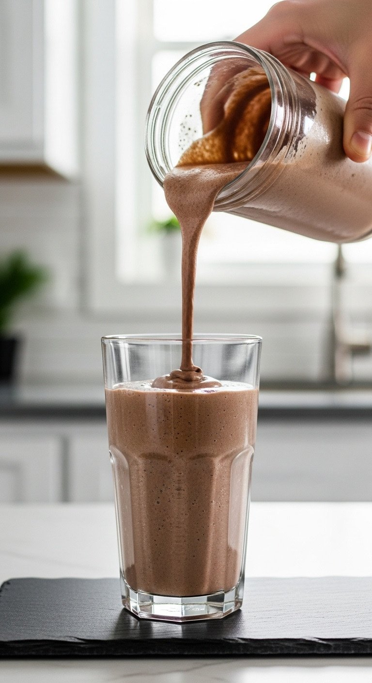 The Easiest Homemade Iced Mocha Recipe For Perfect Results 13 Thick chocolate frappe pours from personal blender into chilled glass on dark slate. Decadent blended coffee.