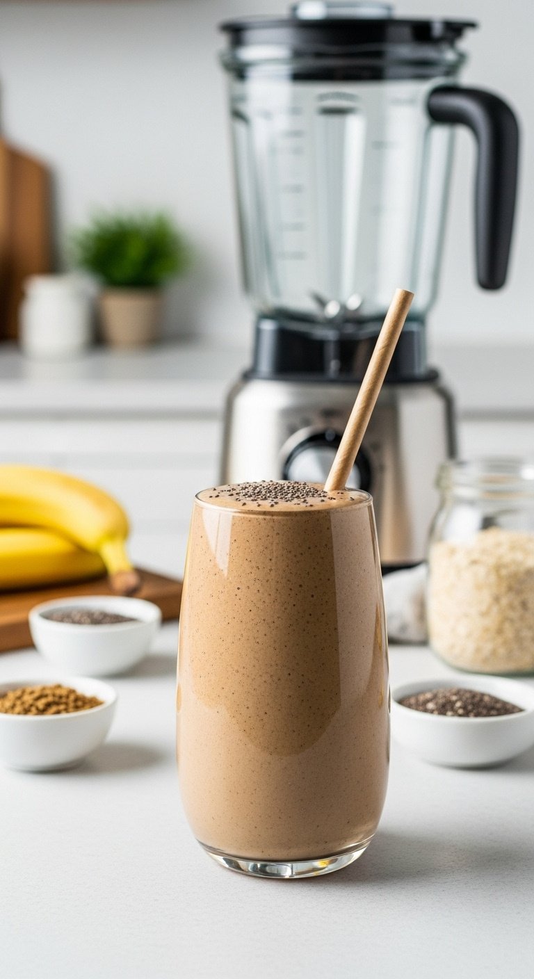 9 Delicious Healthy Iced Coffee Recipes To Make At Home 17 Thick coffee smoothie in glass with straw, chia seeds, blender, banana, oats. Healthy, nutrient-packed meal replacement.