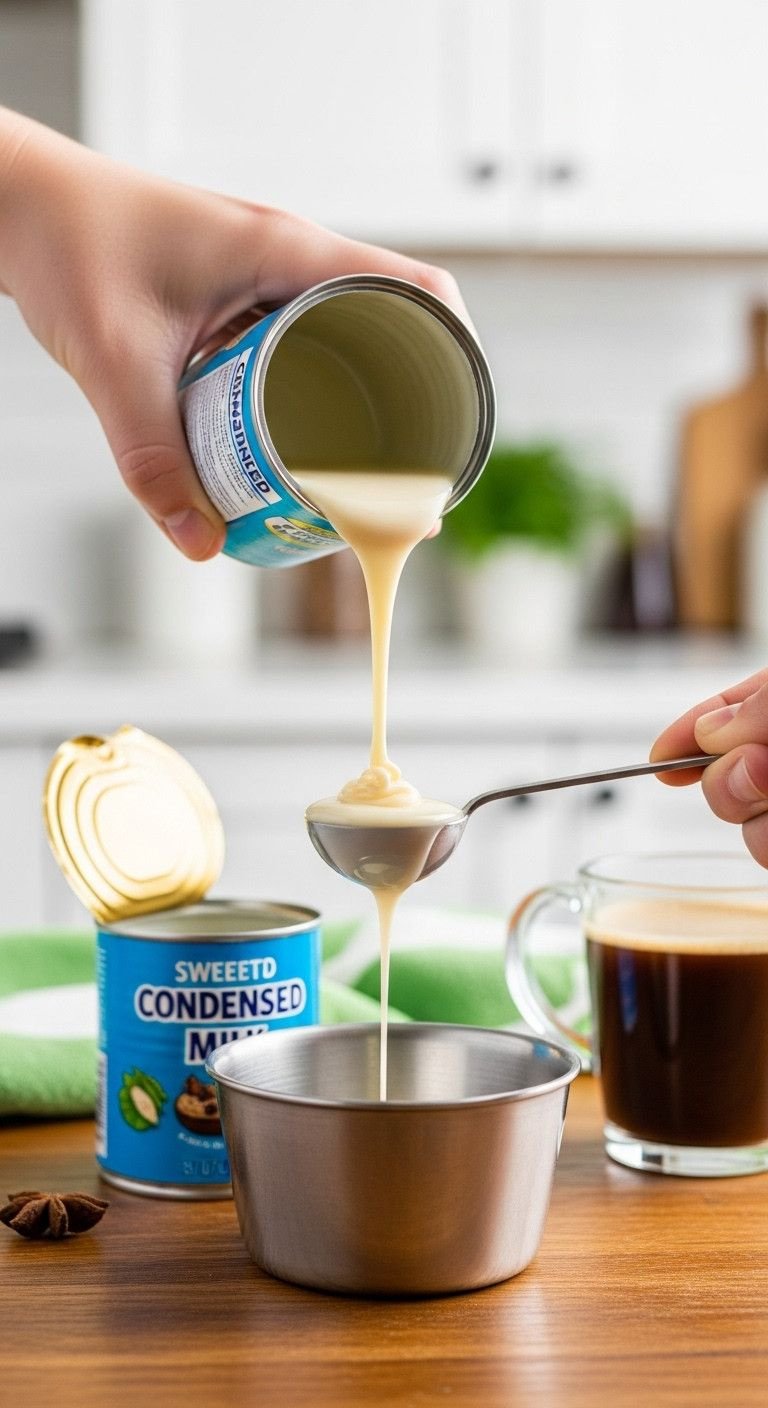 The Foolproof Recipe For Cold Coffee With Condensed Milk 3 Thick sweetened condensed milk pours from a can into a silver spoon, rustic wooden table, blurred kitchen background.