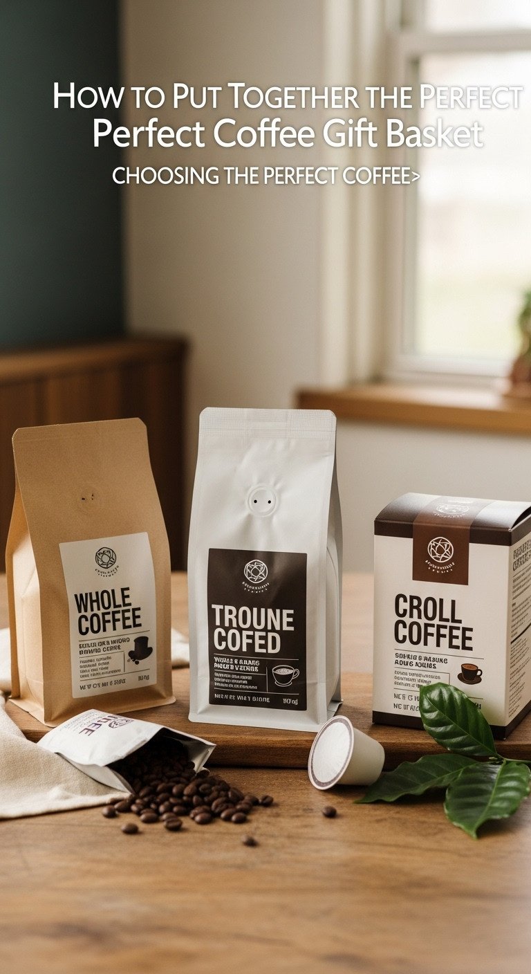 Three artisan coffee bags, whole bean, ground, and single-serve pods, on a rustic wooden table with spilled beans and coffee leaf