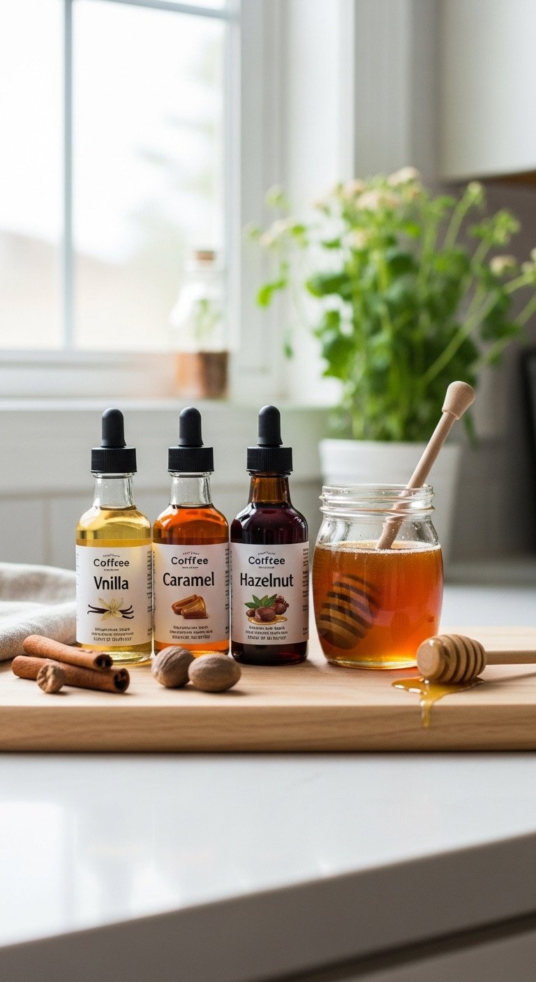 Three elegant glass coffee syrup bottles and a jar of honey with dipper on a light wood cutting board