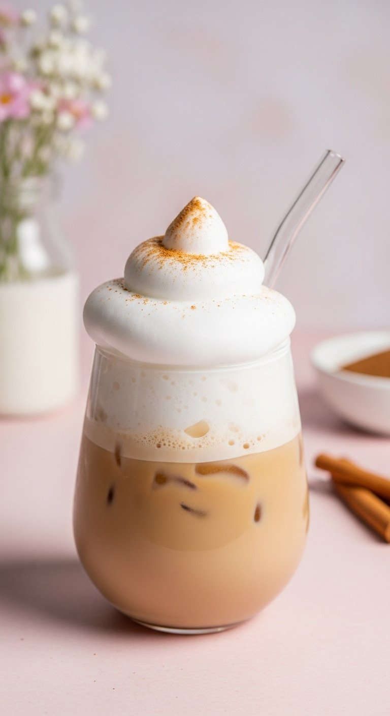 13 Genius Aesthetic Cold Coffee Recipes To Make At Home 7 TikTok Cloud Coffee: fluffy white whipped foam on iced coffee in a wide mug. Glass straw, cinnamon. Inspiring coffee recipe.