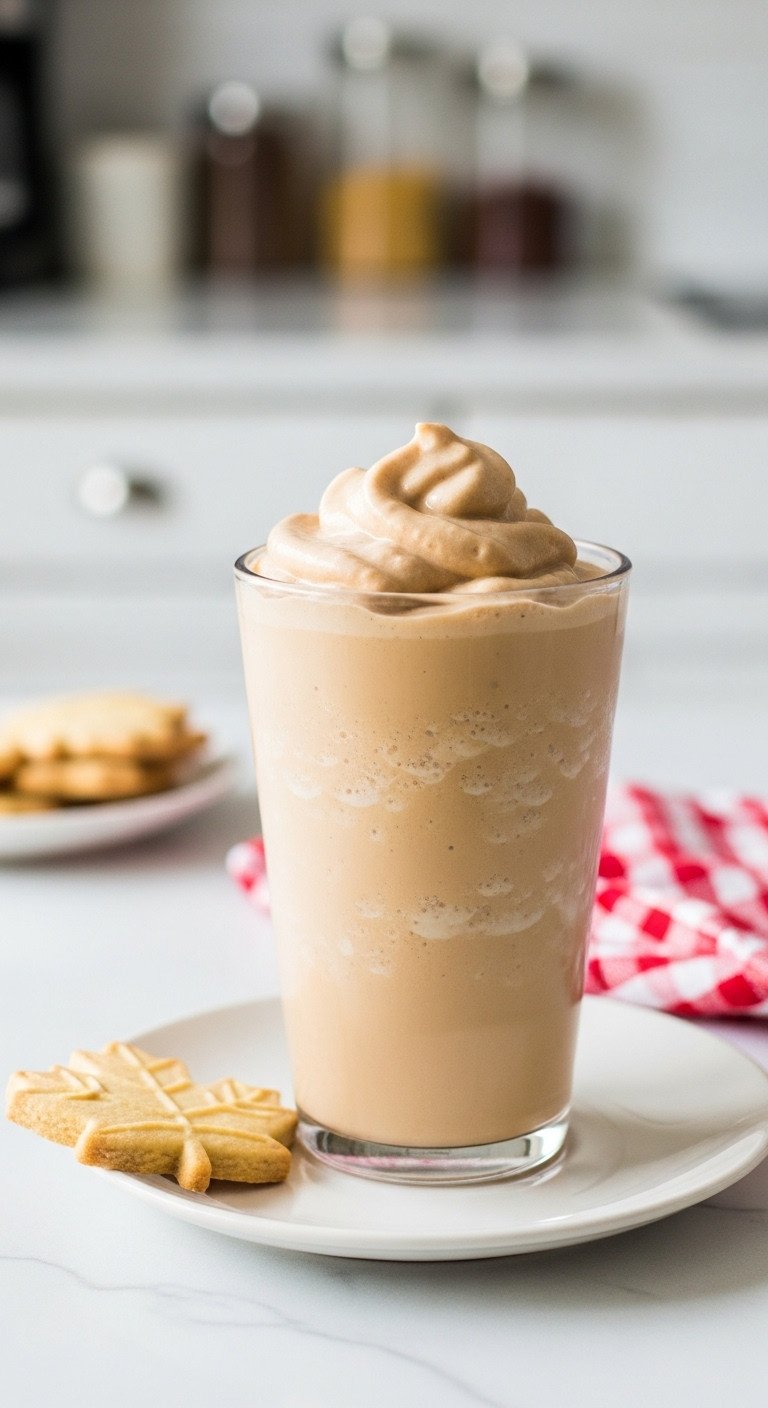 7 Easy Iced Coffee Recipe Pumpkin Spice Copycats to Try Now 11 Tim Hortons Inspired Iced Coffee in a clear cup with a maple leaf shaped cookie on a kitchen table