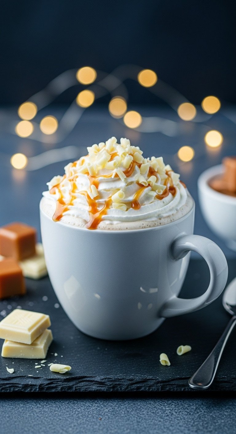 Toasted White Mocha in a stylish mug with whipped cream white chocolate shavings and caramel drizzle on dark slate with twinkle lights