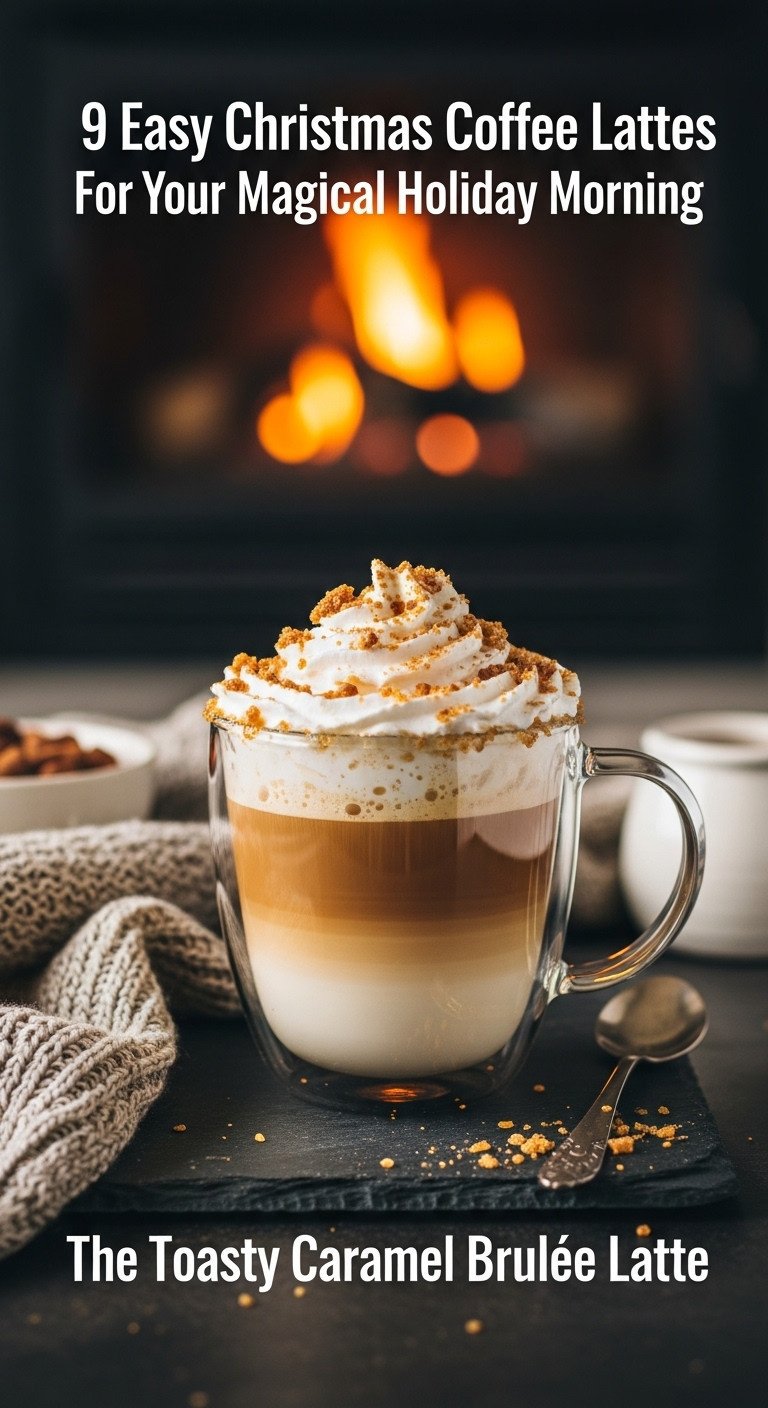 Toasty Caramel Brulée Latte in a clear mug with whipped cream and torched sugar topping on dark slate by a blurred fireplace