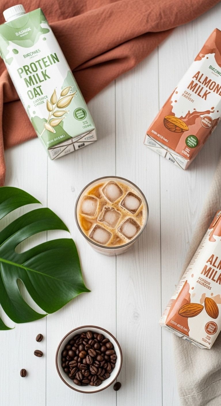 The Secret To Smooth Iced Protein Coffee That Never Clumps 11 Top-down flat lay of iced protein coffee with oat and almond milk cartons. Healthy beverage choices on white table.