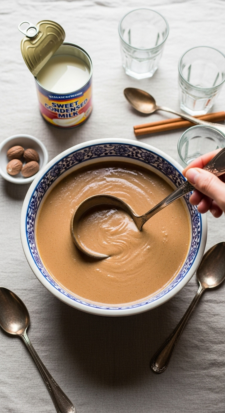 Top down flat lay of old fashioned coffee punch being stirred in a vintage ceramic bowl