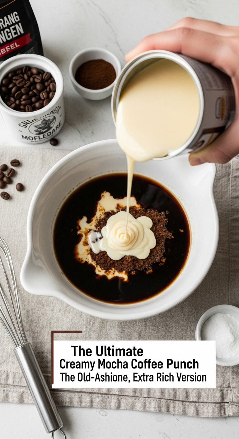 Top down flat lay of sweetened condensed milk being drizzled into a coffee mixture