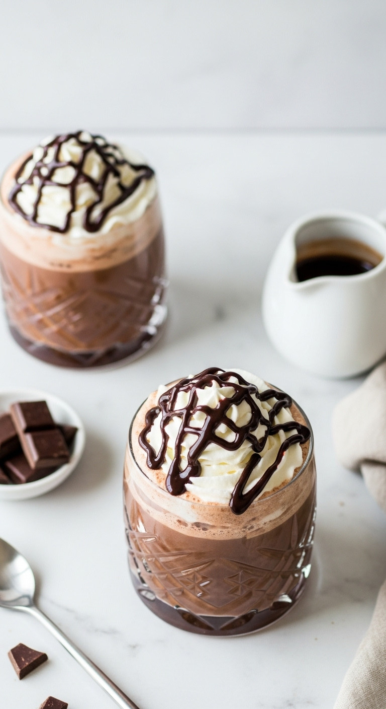 Top down view of decadent chocolate mocha punch with chocolate syrup whipped cream and chocolate chunks on white marble