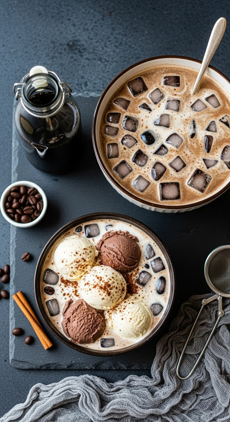 Top down view of ice cream coffee punch with coffee concentrate bottle coffee beans strainer and cheesecloth on slate surface