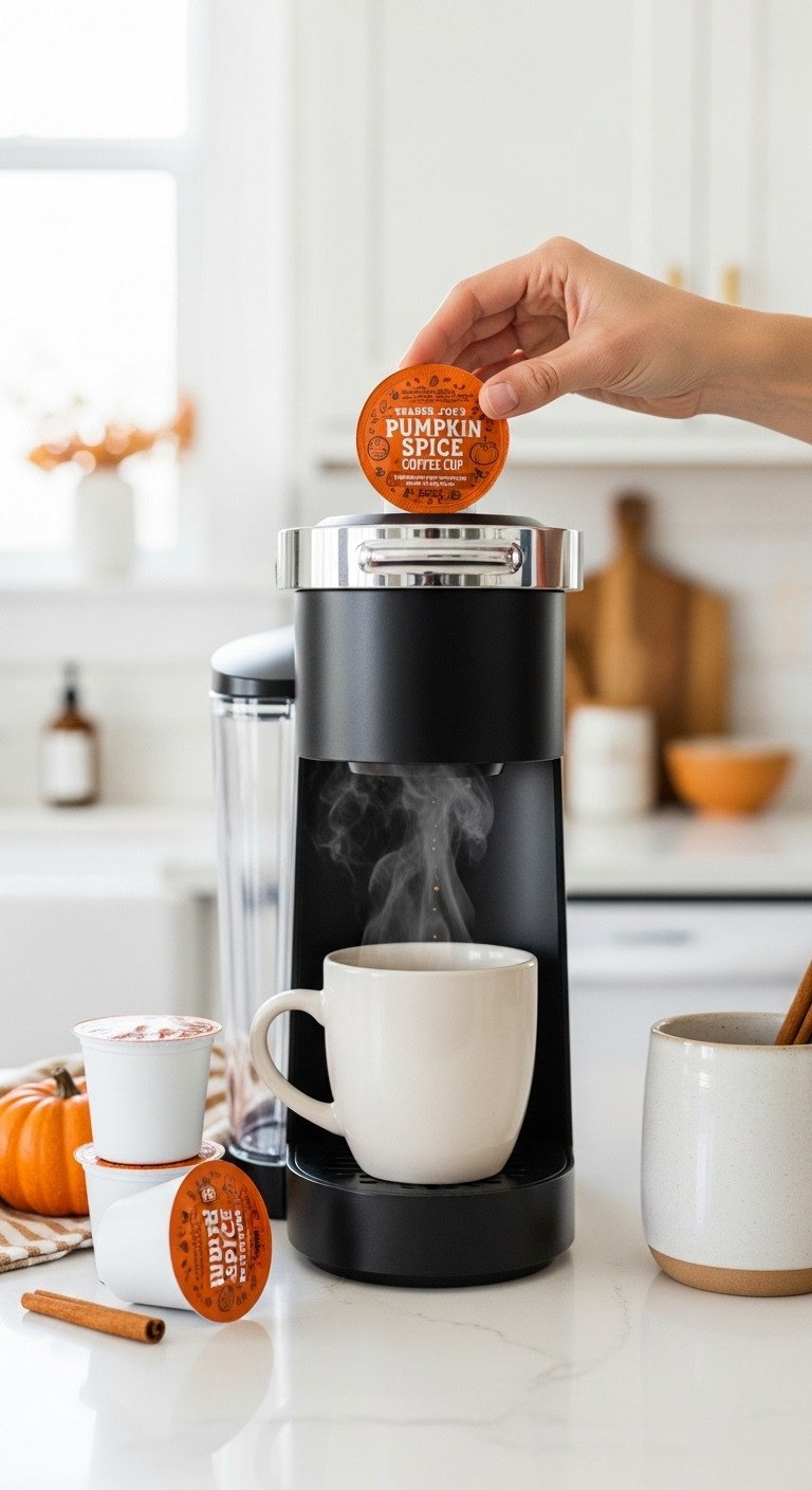 Trader Joe's Pumpkin Spice coffee pod loads into a sleek single-serve machine, steaming cup of fall coffee brews. Quick & convenient autumn drink.