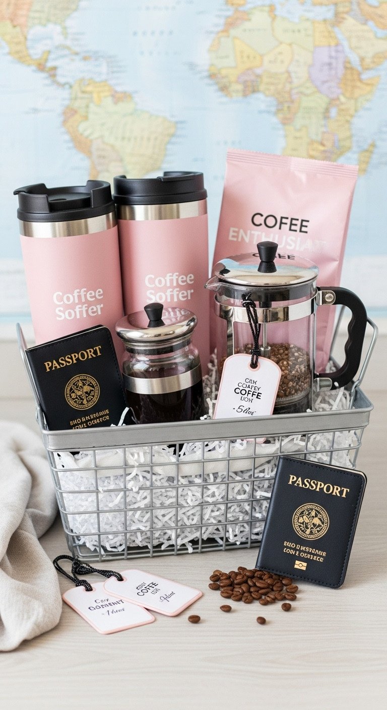 Travel coffee enthusiast basket with insulated mugs travel press and personalized luggage tags on wooden surface