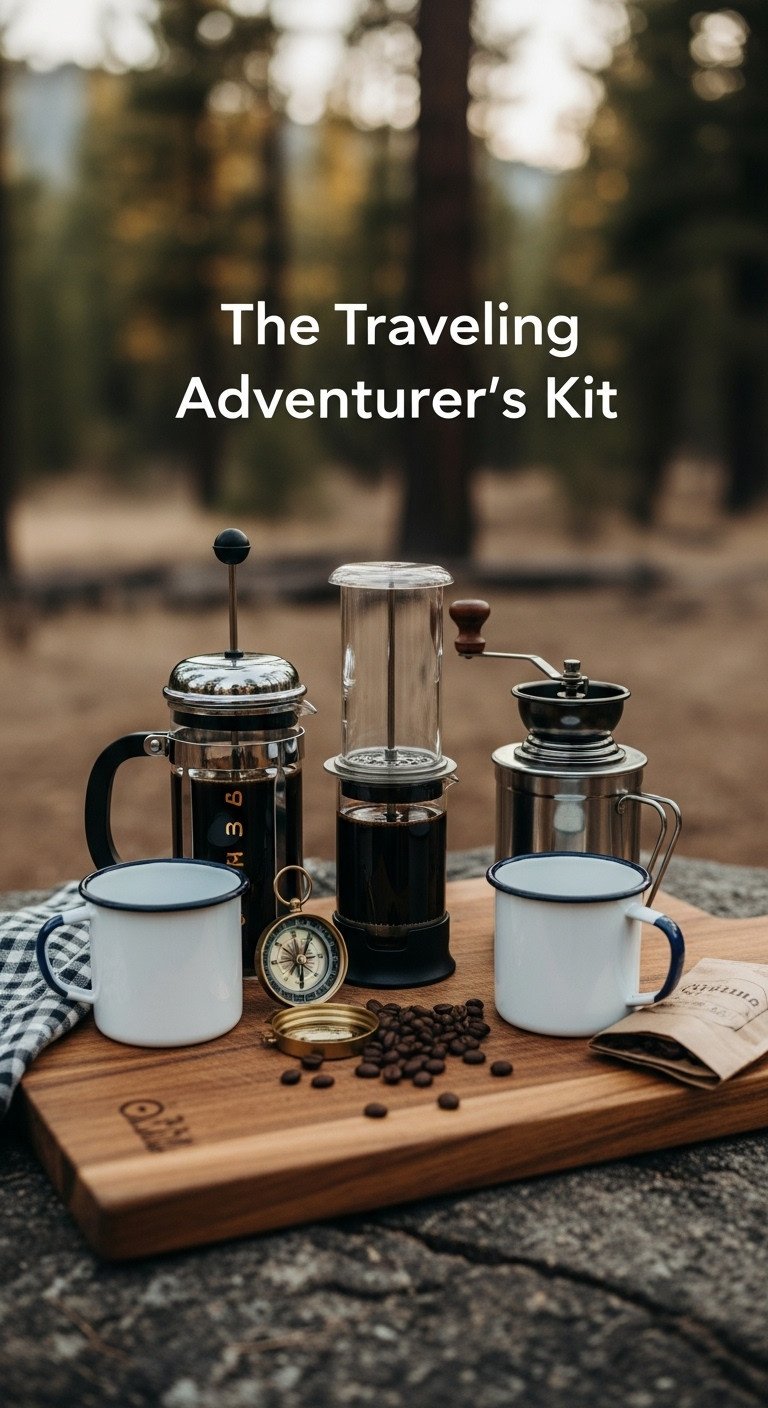 Travel friendly French press portable manual grinder and two enamel camping mugs on a rustic wooden plank outdoors