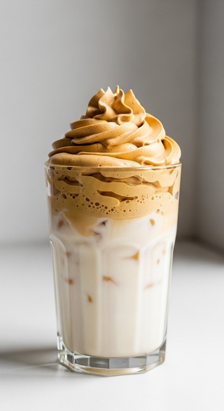 9 Cozy Pumpkin Coffee Fall Recipes Beyond Starbucks Lattes 17 Trendy Pumpkin Spice Whipped Coffee Dalgona in a clear glass with cold milk and fluffy pumpkin colored whipped coffee on top
