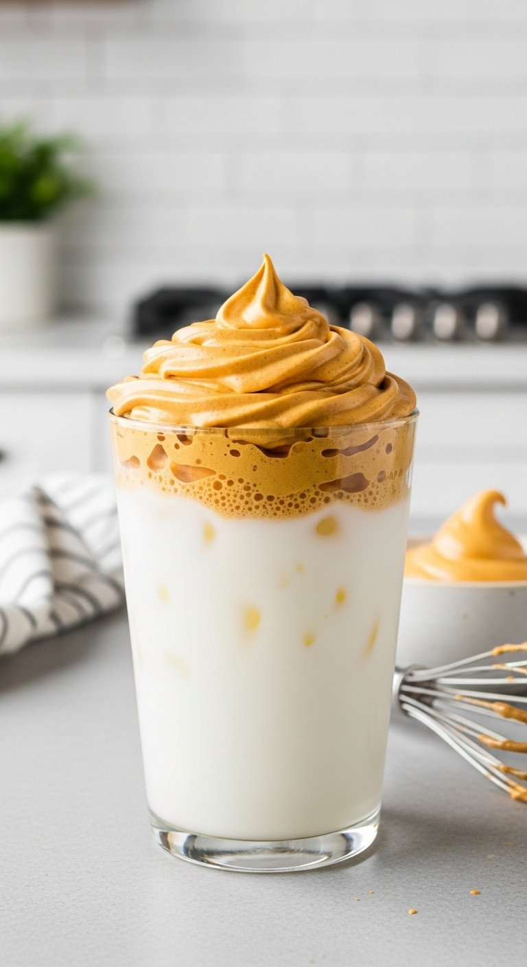 9 Delicious Pumpkin Coffee Ideas Beyond Basic Lattes 13 Trendy Whipped Pumpkin Dalgona Coffee in a clear glass of iced milk topped with fluffy orange foam whisk and leftover foam on a gray countertop