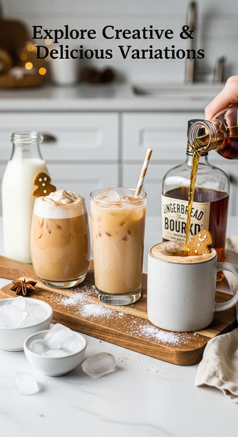 Trio of gingerbread coffee variations: hot latte, iced latte, and bourbon spiked latte on a rustic board. Creative holiday drinks.