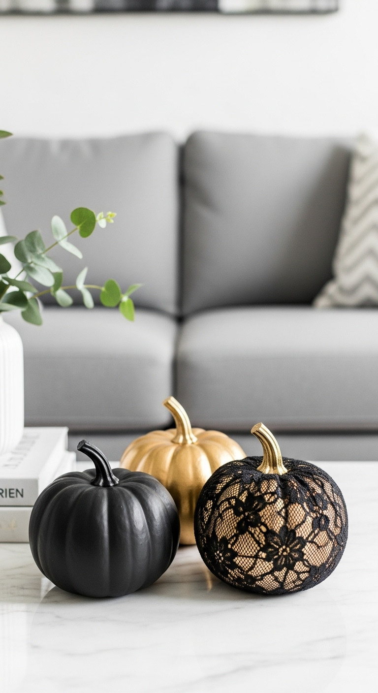 Trio of small pumpkins painted matte black metallic gold and black lace for modern DIY Halloween decor