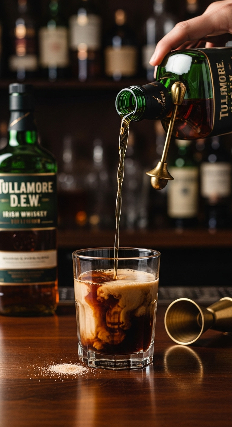 Tullamore D.E.W. Irish Whiskey being poured from a jigger into a glass of hot coffee and sugar