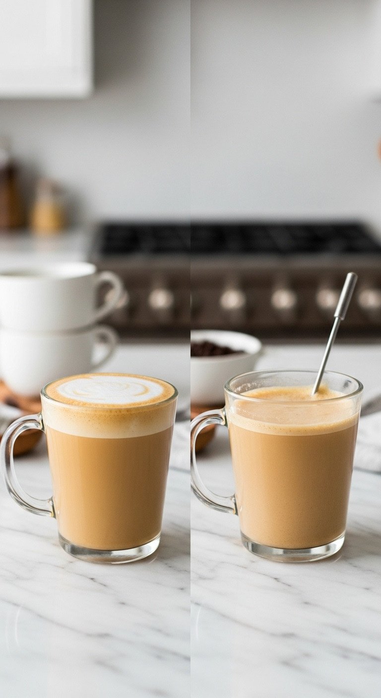 Two Whole30 pumpkin lattes, one creamy & frothed, one separated, with a whisk on marble counter; showing successful vs. problematic latte results.