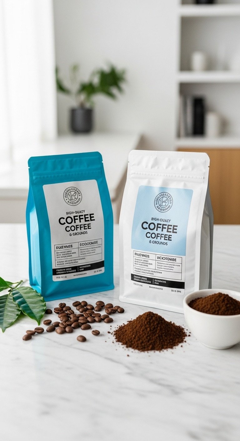 Two artisanal coffee bags, one with whole beans and one with ground coffee, on a marble countertop with scattered beans and a coffee leaf