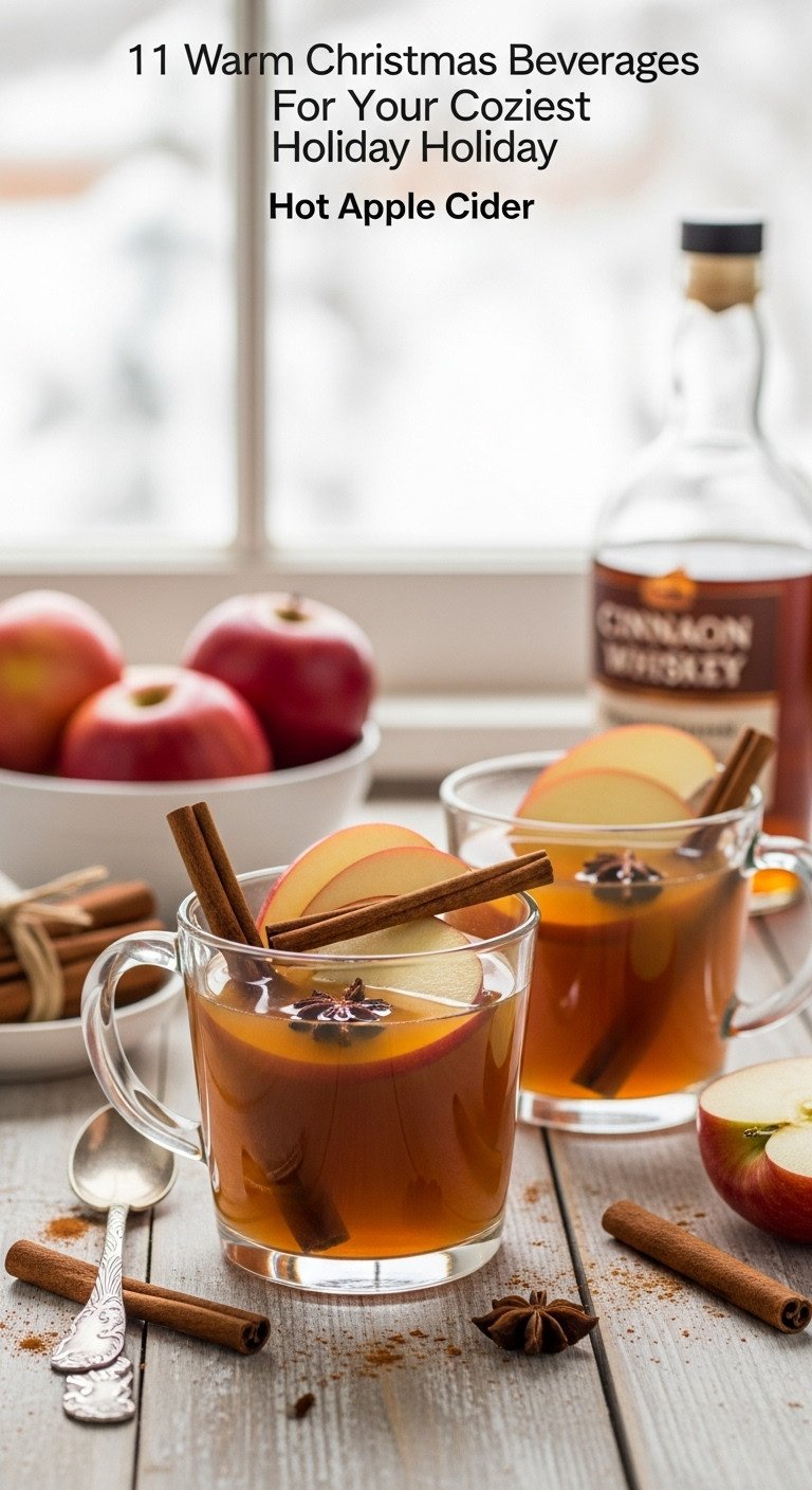 Two clear glass mugs of hot apple cider with cinnamon sticks and apple slices on a wooden table with a snowy window view
