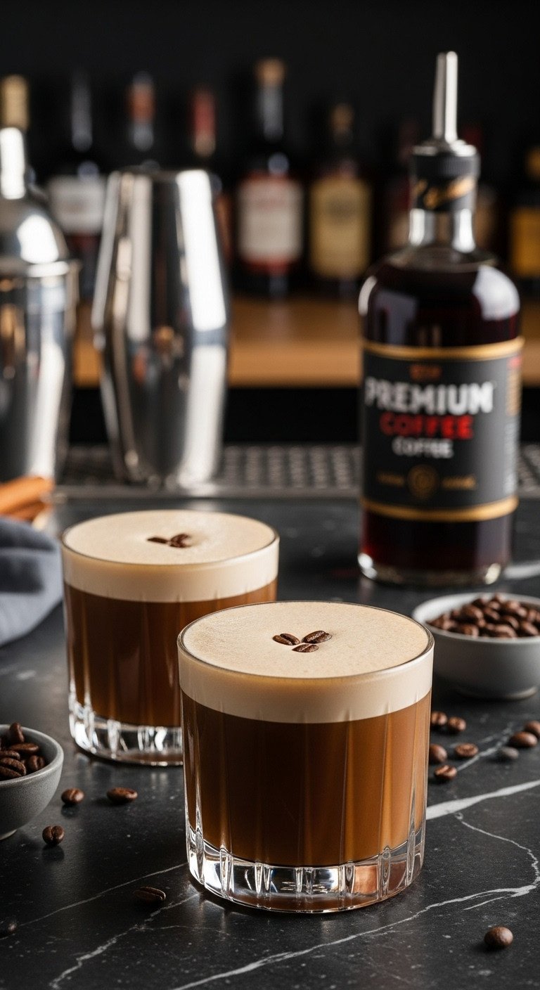 Two elegant cocktail glasses of spiked Christmas coffee punch garnished with coffee beans on a dark marble bar