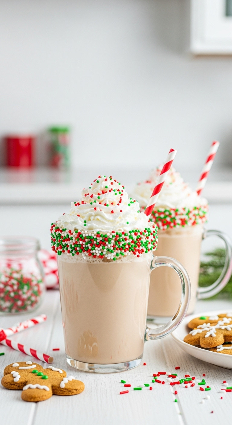Two festive kid-friendly mugs of non-alcoholic coffee punch with whipped cream and sprinkles