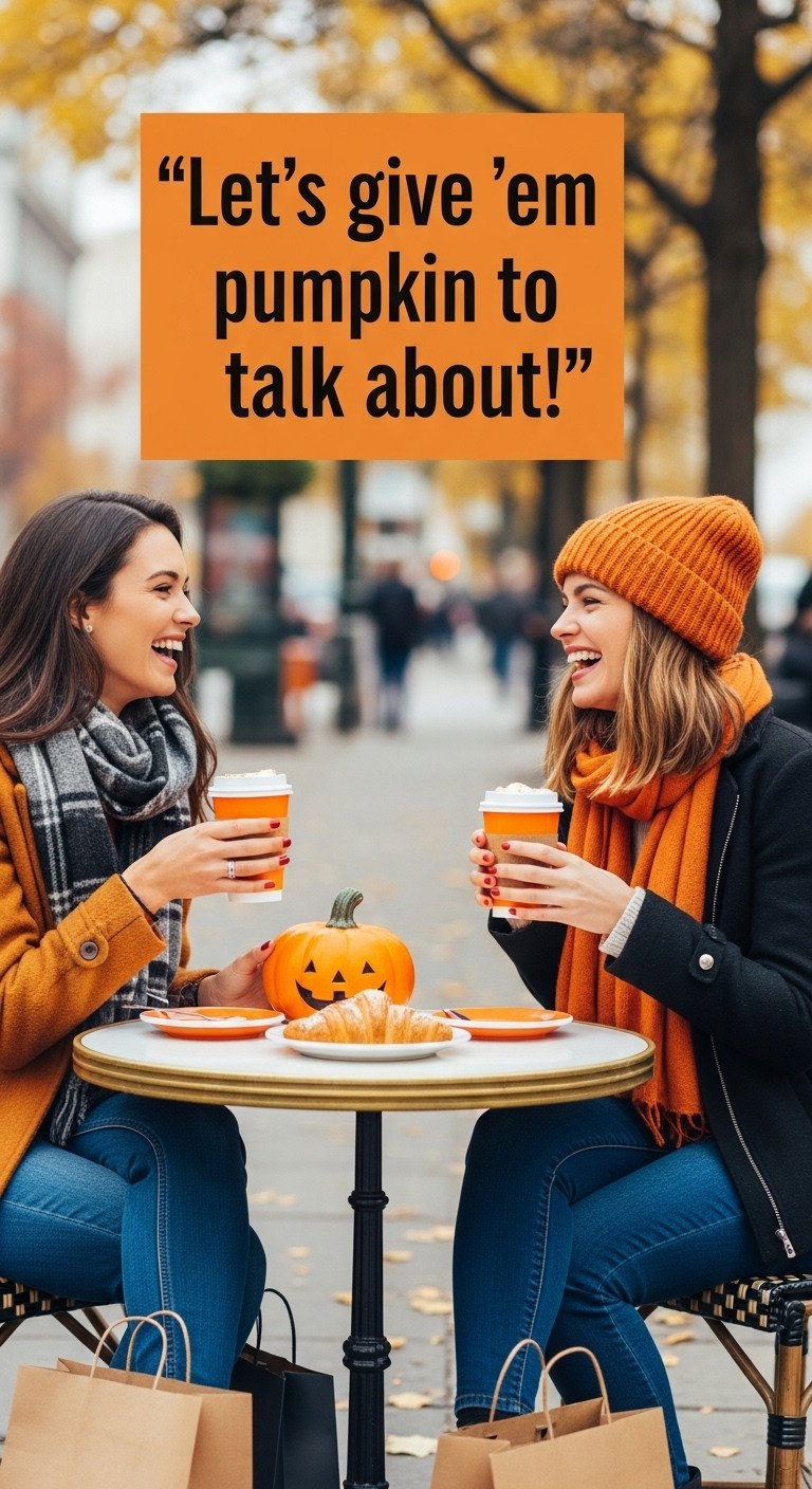 Two friends laughing with pumpkin spice lattes at an outdoor cafe table with autumn city street in background