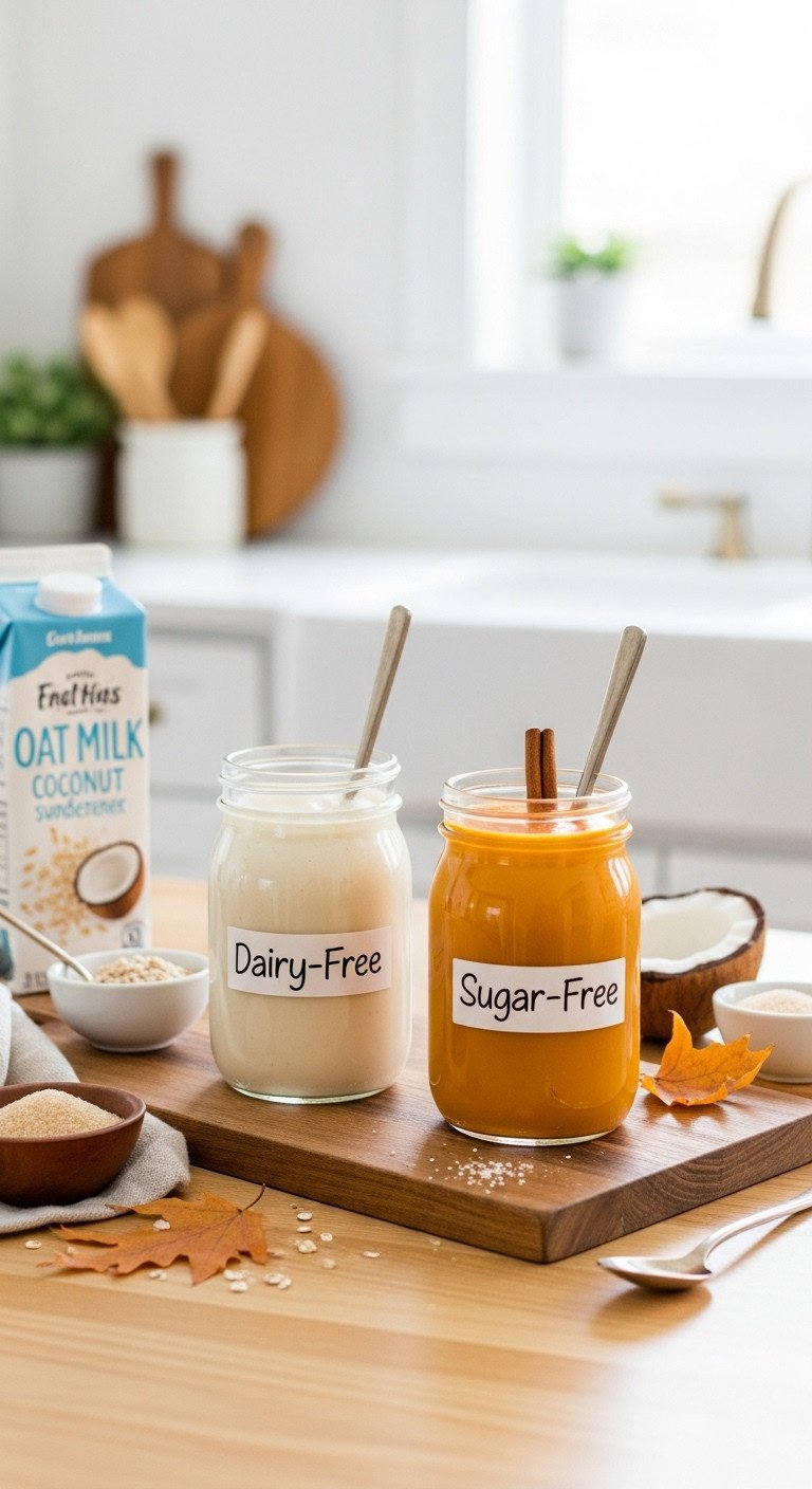 Two jars of homemade pumpkin creamer, dairy-free and sugar-free, with alternative ingredients on a rustic board.