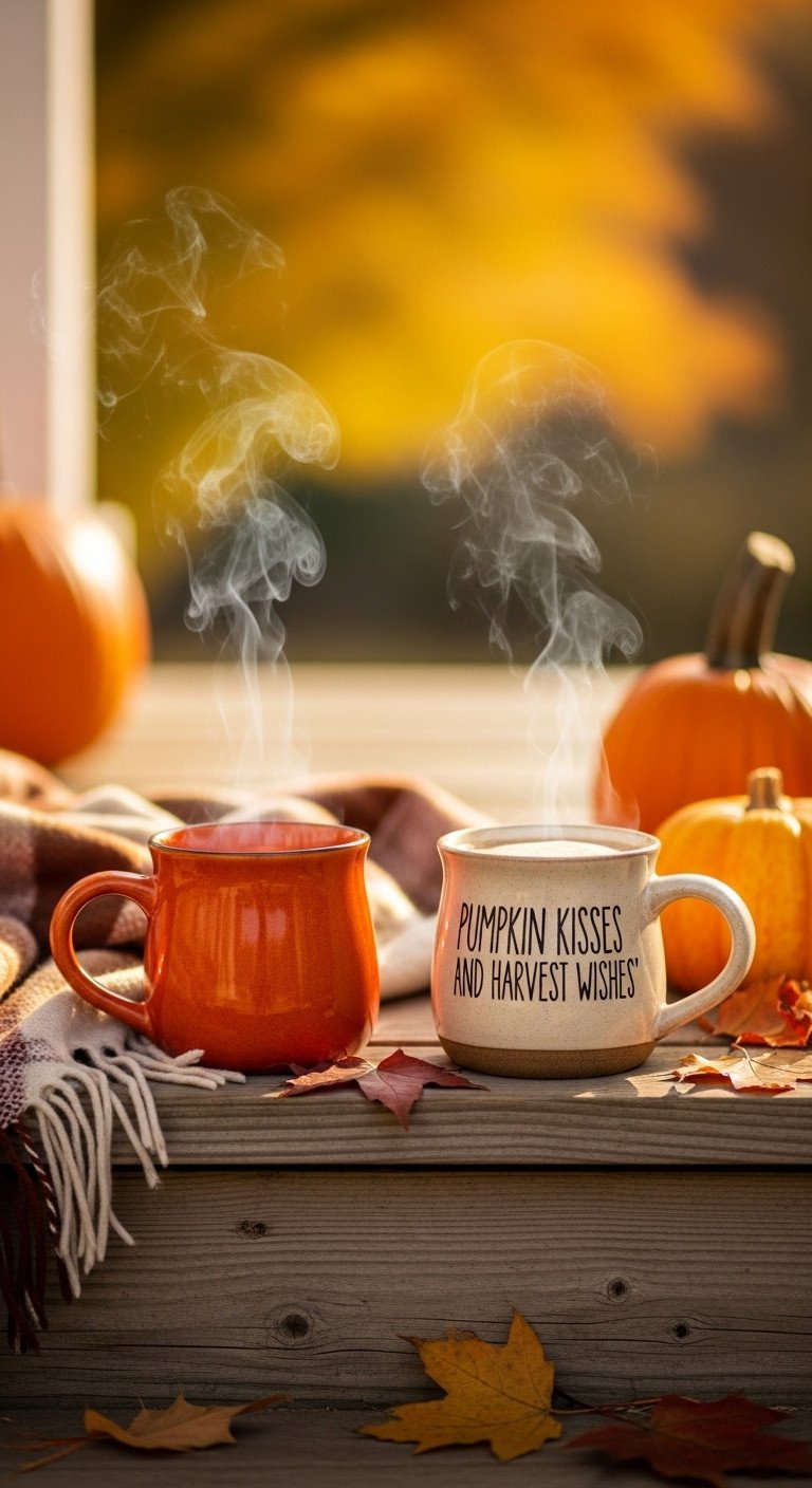 Two rustic ceramic mugs, orange and cream, steaming on porch steps with blurred autumn leaves and pumpkin patch background