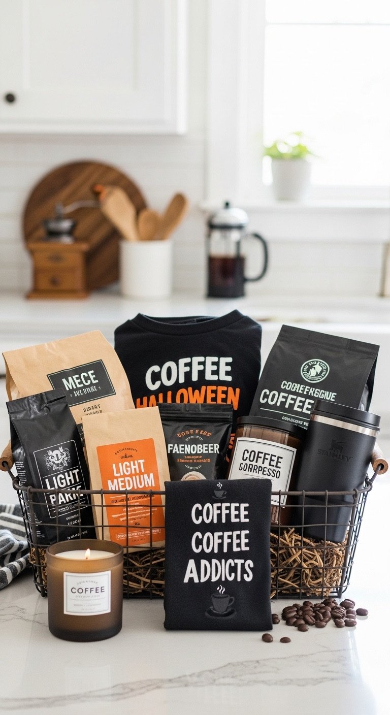 Ultimate Coffee Addict's Haul Halloween gift basket with various coffees, t-shirt, travel mug, espresso beans, and candle