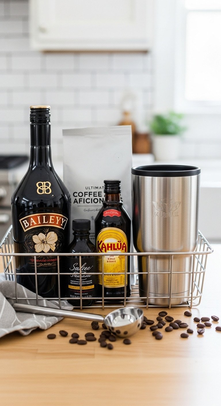 Ultimate Coffee Aficionado Basket with Baileys travel mug whole bean coffee Kahlua in a metal basket on a light wooden countertop