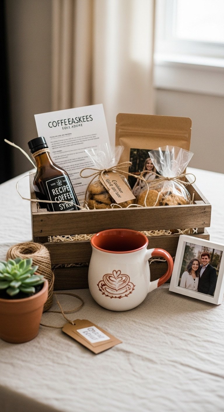 Ultimate DIY from the heart coffee gift basket for women with custom-painted mug homemade cookies and framed photo in a wooden crate