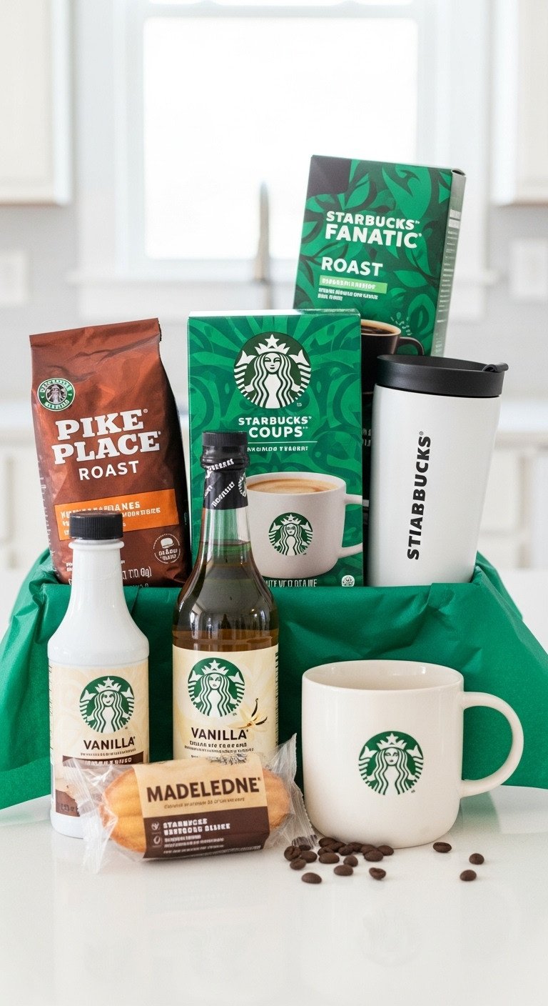 Ultimate Starbucks fanatic coffee station gift basket with Pike Place K-Cups mug tumbler vanilla syrup and Madeleines