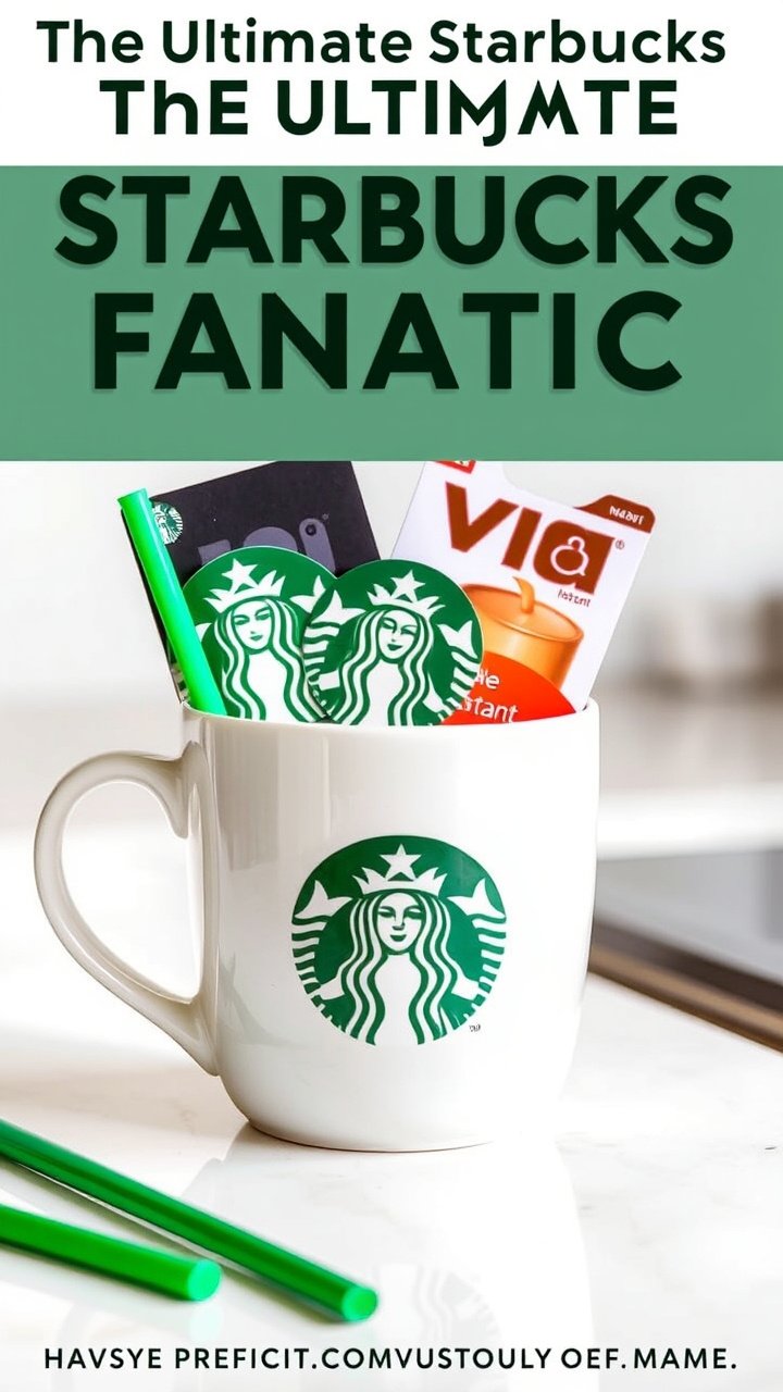 9 Creative Coffee Mug Gift Basket Ideas Anyone Can Make 7 Ultimate Starbucks fanatic mug gift with K-Cups instant coffee and gift card on a white counter with green straw