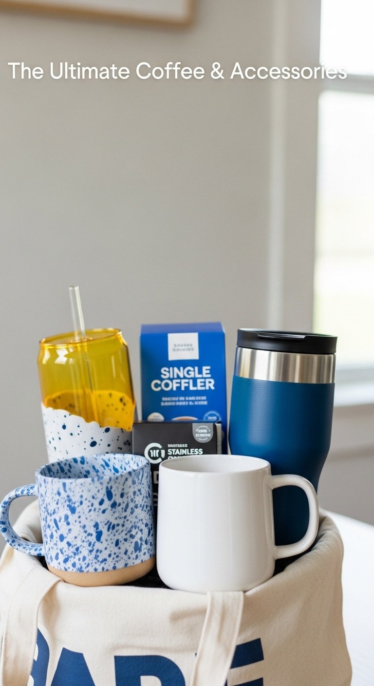 Ultimate coffee mug and accessories birthday gift basket with ceramic mug glass can travel mug and coffee pods in a tote bag