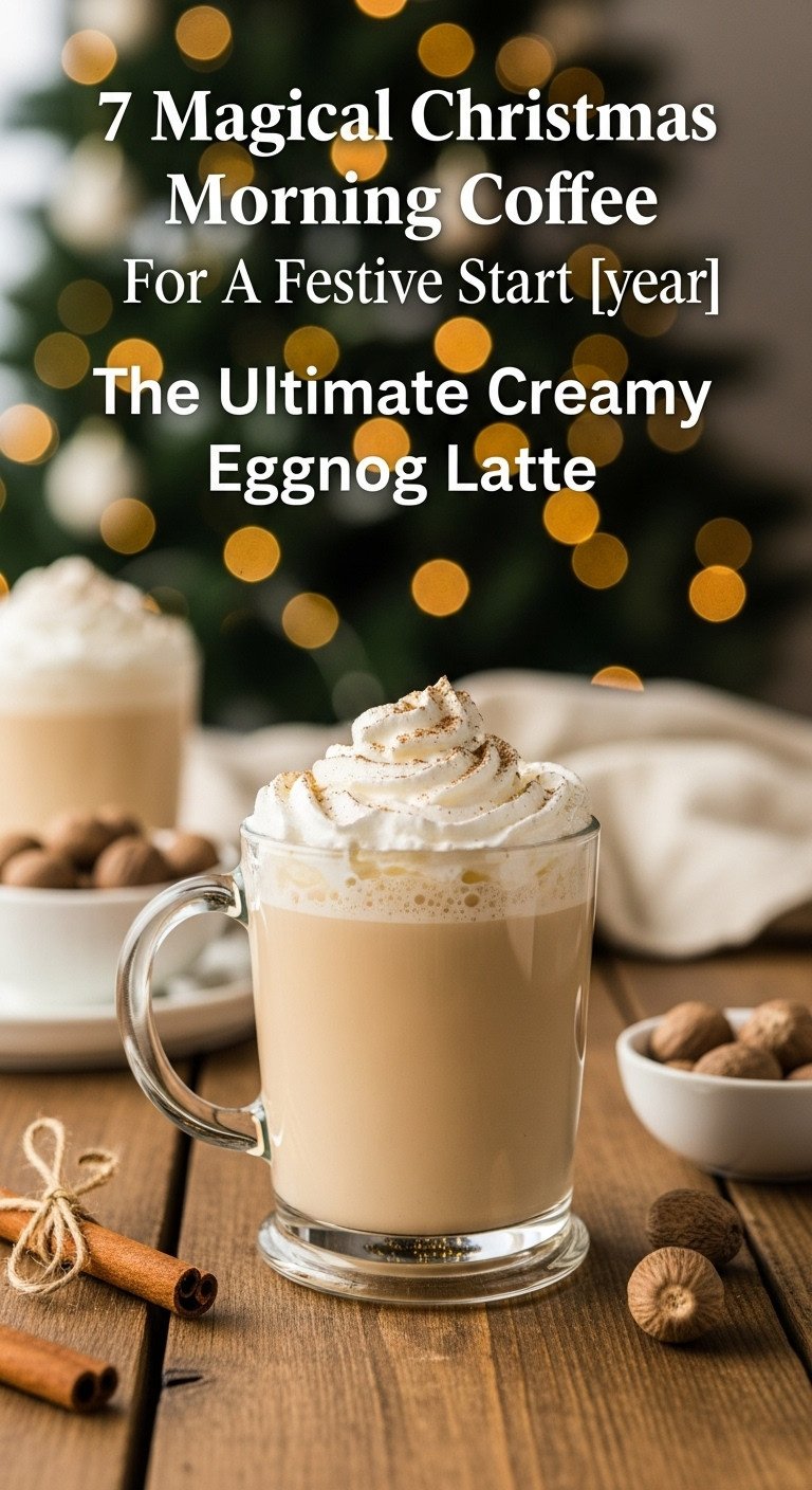 Ultimate creamy eggnog latte in a clear glass mug with whipped cream and nutmeg on a rustic wooden table by a twinkling Christmas tree