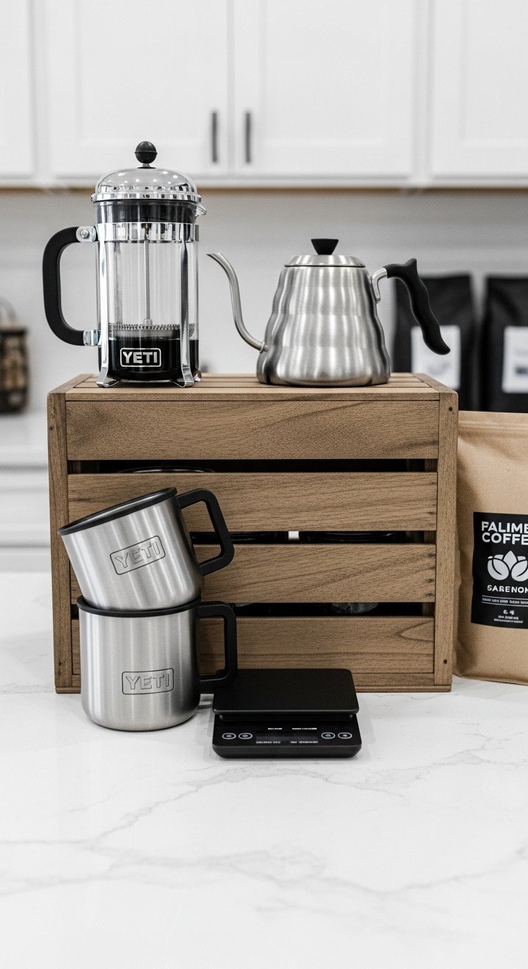 Ultimate home coffee station starter Yeti gift with French press stackable mugs gooseneck kettle and scale