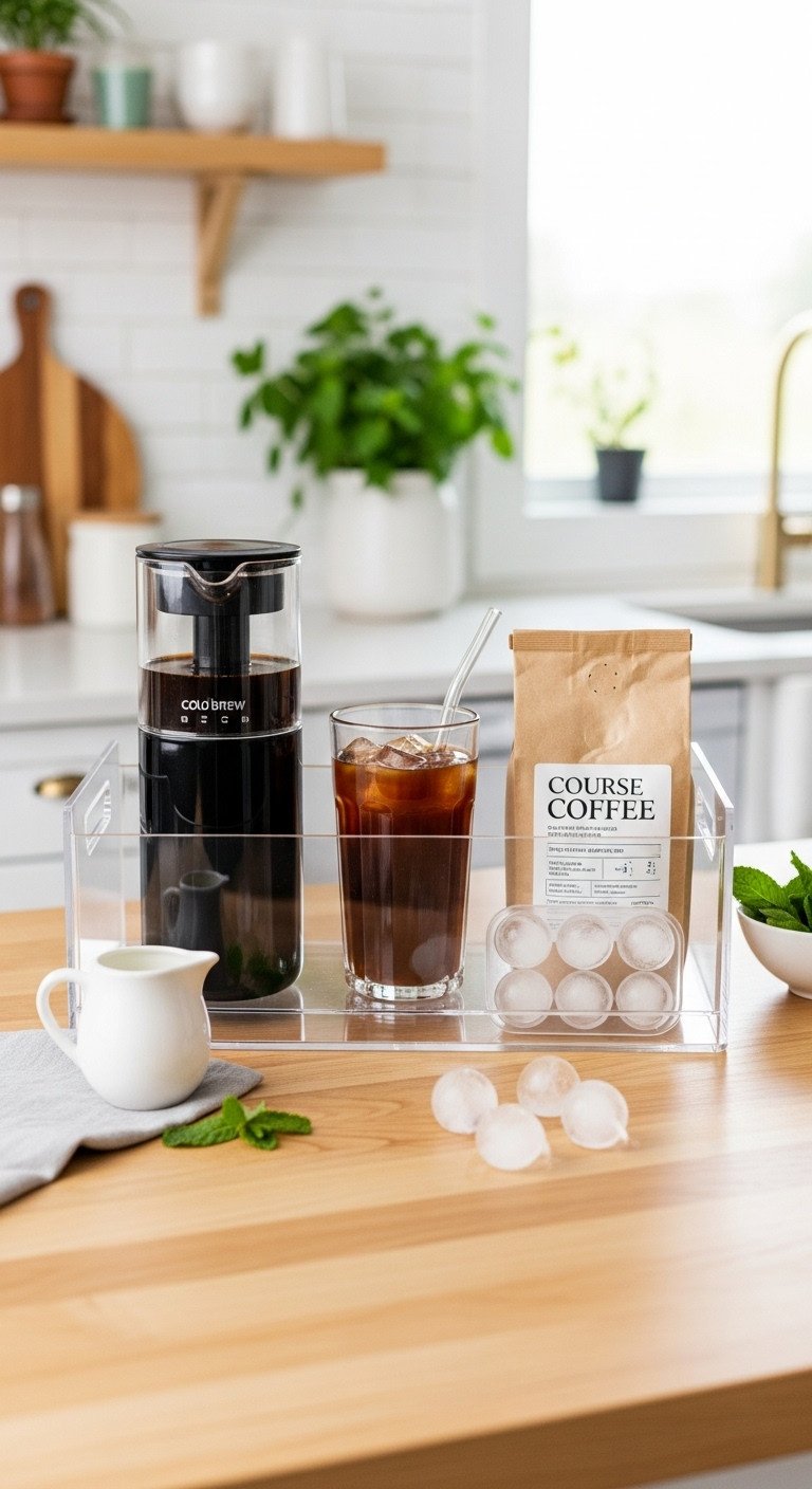 Ultimate iced coffee gift basket with cold brew maker tumbler coarse ground coffee and sphere ice cube molds