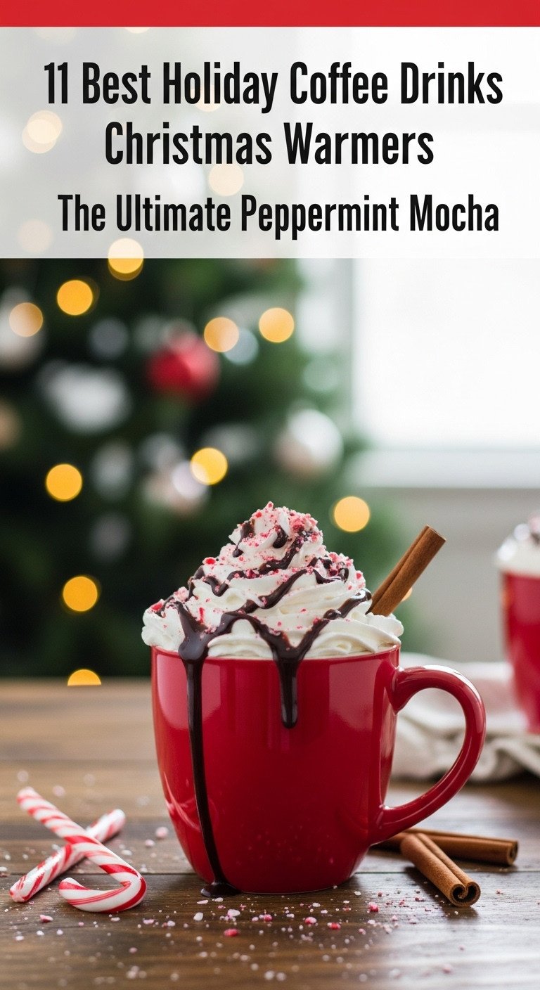 Ultimate peppermint mocha in a red mug with whipped cream, chocolate sauce, and candy canes on a rustic table by a Christmas tree