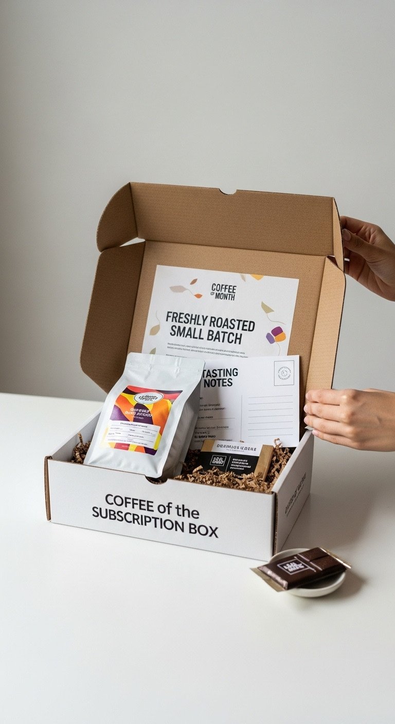 Unboxing a Coffee of the Month subscription box with freshly roasted coffee tasting notes postcard and gourmet chocolate bar