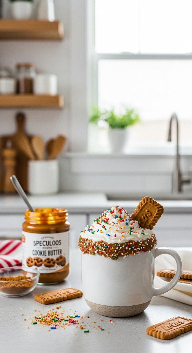 Unique Speculoos Cookie Butter Latte with whipped cream sprinkles and cookie on a light countertop with a blurred kitchen shelf