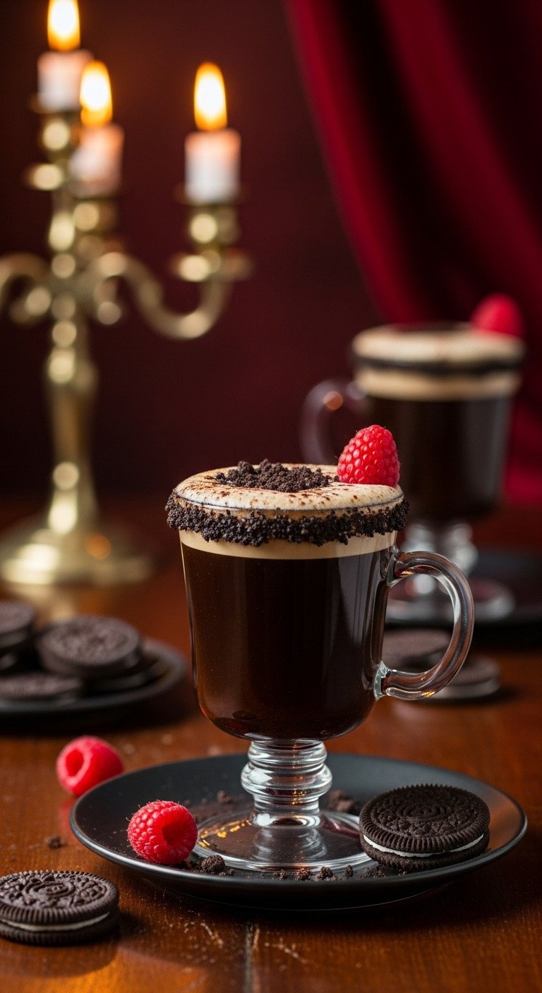 Vampire Kiss Coffee in a vintage glass with a crushed dark chocolate cookie rim and a red raspberry with flickering candles