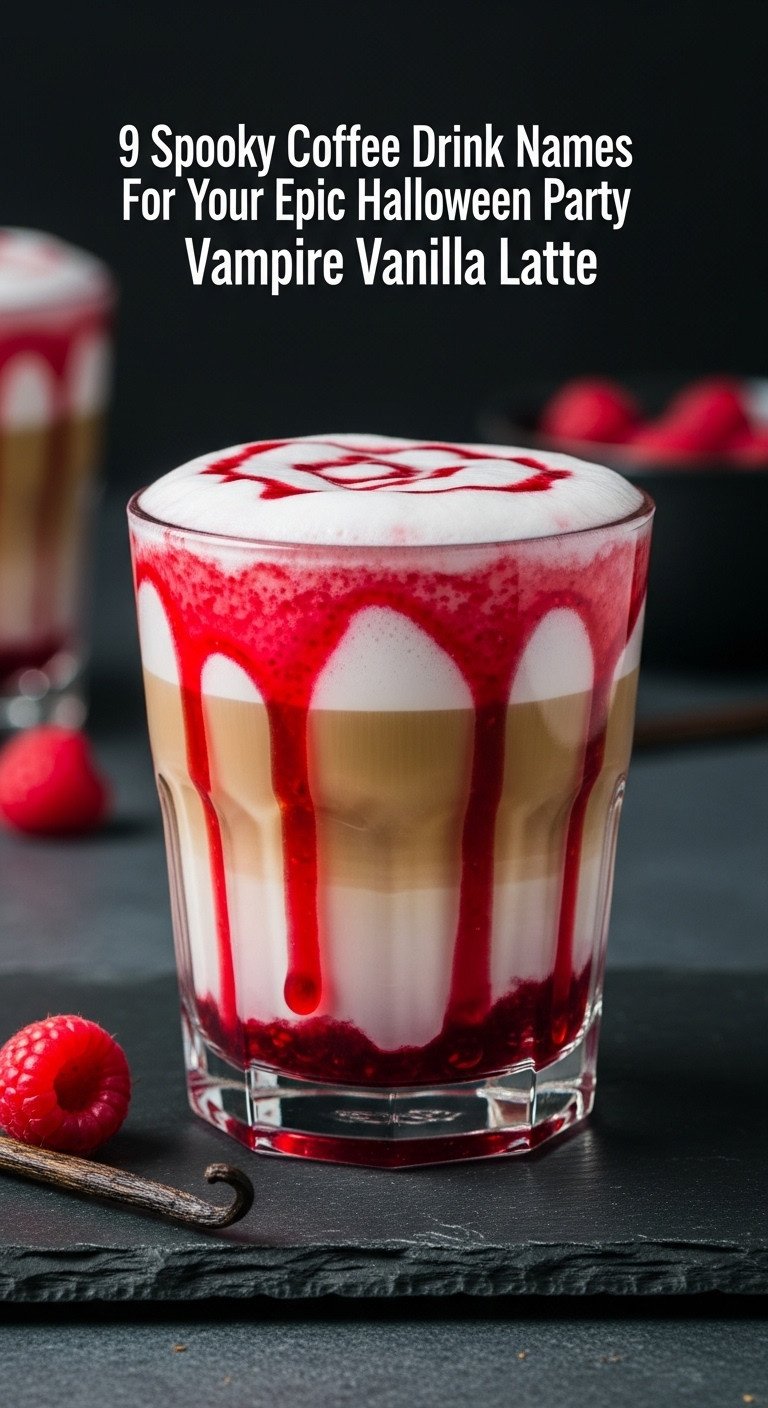 Vampire Vanilla Latte in clear glass with red raspberry syrup streaks and creamy foam on dark slate with moody background